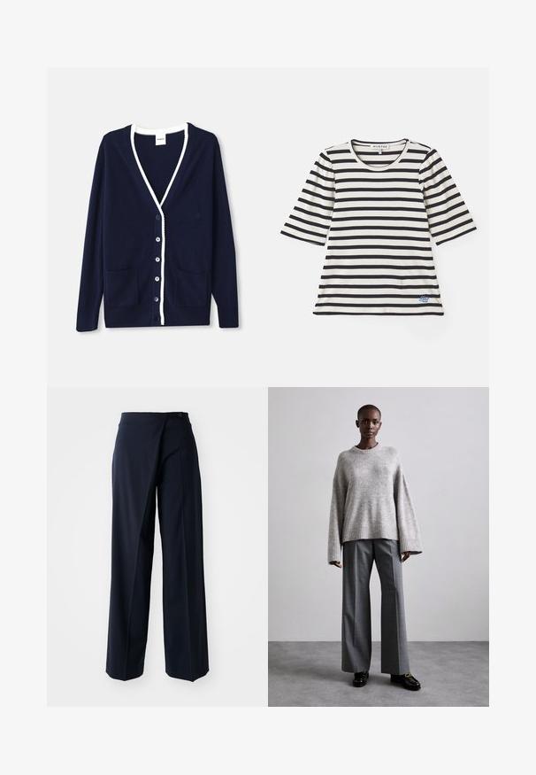 Marineblå cardigan lavet af blødt materiale, med V-hals, hvid kant, fem knapper og to forlommer. Klassisk design med subtile detaljer.; Stribet t-shirt i creme og marineblå, med korte ærmer, ribbet struktur, rund halsudskæring og en lille blå logo-detalje nær kanten.; Mørkeblå brede bukser med en omslagdesign, glat stof, høj talje og en enkelt knaplukning foran.; Grå strikket sweater med brede ærmer og ribbet kant, parret med høj-taljede grå bukser med et subtilt ternet mønster og sorte loafers.