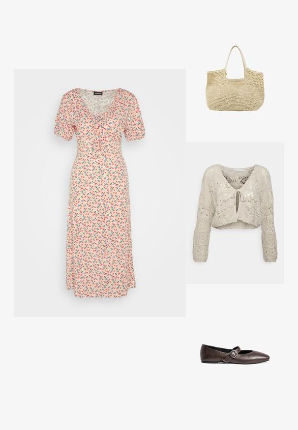 Lyhyt beigetakki, jossa on monimutkaisia neulekuvioita. Ominaisuuksina v-pääntie, pitkät hihat ja solmittava etulokero.; Even&Odd Vapaa-ajan mekko - light pink; Ruskeat nahkakengät, joissa on pyöreä kärki ja säädettävä solkivetoketju jalkapohjan keskikohdalla. Sileä pinta ja minimalistinen muotoilu.; Beige värjätty olkikassi, jossa on avoin yläosa ja kaksi vaaleanväristä kahvaa.