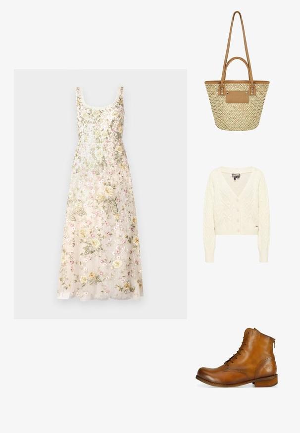 Hellbeigefarbener, kabelgestrickter Cardigan mit langen Ärmeln, V-Ausschnitt, Knöpfen vorne sowie gerippten Bündchen und Saum.; Needle & Thread FLORINE SCOOP NECK BALLERINA DRESS - Ballkleid - cream; Braune Leder-Ankle-Boots mit abgerundetem Zehenbereich, Schnürung an der Vorderseite, seitlichem Reißverschluss und einem niedrigen Holzabsatz. Mit einem dezenten, eingeprägten Logo an der Ferse.; Normani Handtasche - natur