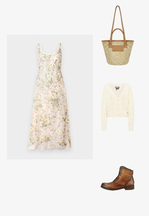 Hellbeigefarbener, kabelgestrickter Cardigan mit langen Ärmeln, V-Ausschnitt, Knöpfen vorne sowie gerippten Bündchen und Saum.; Needle & Thread FLORINE SCOOP NECK BALLERINA DRESS - Ballkleid - cream; Brauner Leder-Knöchelstiefel mit Schnürung vorne, niedrigem Absatz, Reißverschluss hinten und einem Schmetterling geprägt nahe der Ferse vor weißem Hintergrund.; Normani Handtasche - natur