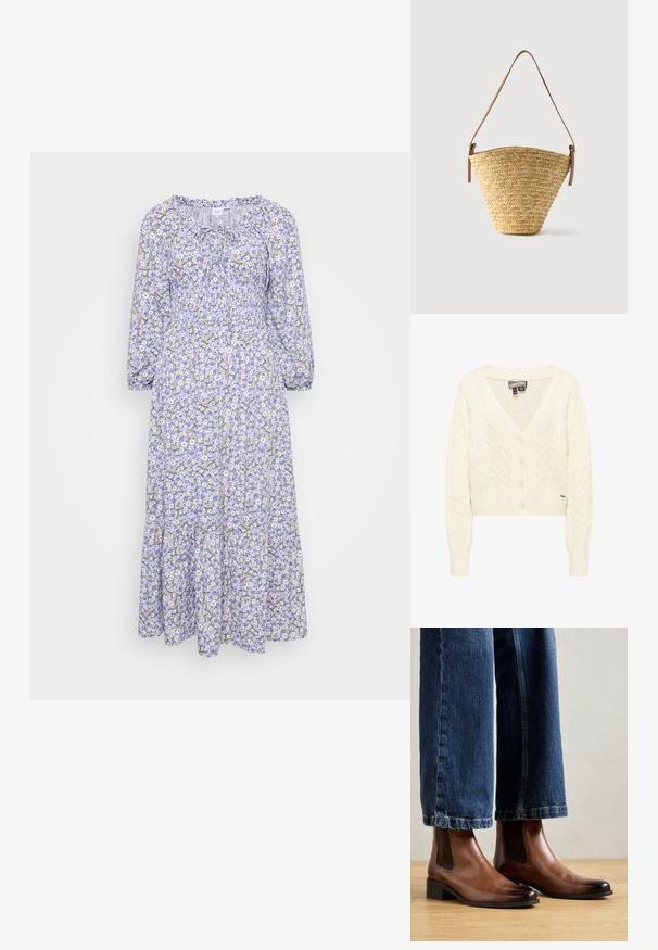 Roomkleurige kabelgebreide cardigan met lange mouwen, V-hals, knopen aan de voorkant en geribbelde boorden en zoom.; Bloemige jurk met een lila basis, met witte en gele bloemen. Lange mouwen, geplooide halslijn en gelaagde zoom. Lichtgewicht stof.; Bruine leren enkellaarsjes met elastische zijpanelen, vierkante neus en lage blokhak, gedragen met blauwe jeans. Hardhouten vloer eronder.; Gevlochten strooien bucketbag met brede basis, smalle bovenkant en verstelbare bruine leren schouderriem.