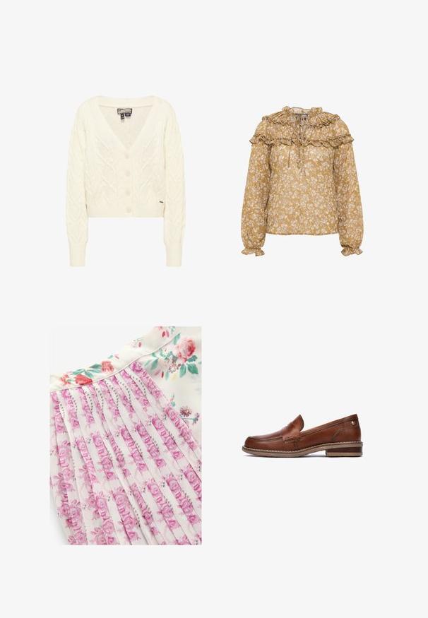 Kremfarvet cable-strikket cardigan med lange ærmer, V-udskæring, knapper foran og ribstrikkede manchetter og kant.; Blomstret bluse i sennepsgult med flæser ved halsen og ærmerne. Letvægtsstof med hvidt blomstermønster og samlet detalje.; Blomsterkjole med hvid baggrund og pink og grønne blomstermønstre, plisseret design og en glat stoftekstur.; Brune læder loafers med syede detaljer, en lav hæl og en tekstureret gummisål. Har et lille guldfarvet element nær hælen.
