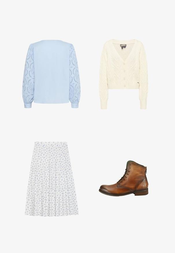 Roomkleurige kabelgebreide cardigan met lange mouwen, V-hals, knopen aan de voorkant en geribbelde boorden en zoom.; Lichtblauwe blouse met een effen achterpaneel en lange opgeblazen kanten mouwen met ronde bloemige uitsnijdingspatronen en knoopsluitingen aan de manchetten.; Bloemrijke rok van lichtgewicht stof, met een witte achtergrond en kleine blauwe bloemen, gelaagd ontwerp en een elastische tailleband.; Bruine leren enkellaars met veters aan de voorkant, lage hak, achterrits en vlinder reliëf vlakbij de hak op een witte achtergrond.