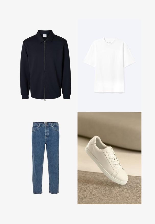 Veste noire zippée pour homme à manches longues, col pointu et poignets côtelés, présentée sur fond blanc.; T-shirt blanc uni à manches courtes et col rond avec une coupe décontractée, présenté sur un fond clair.; Jeans en denim bleu à coupe droite. Présente cinq poches, une fermeture à bouton et des coutures contrastées. Le tissu a une texture classique.; Baskets en cuir blanc avec des lacets blancs, exposées sur une surface beige texturée et avec un arrière-plan flou doux.
