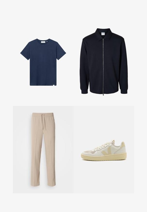 Chaqueta negra para hombre con cremallera, mangas largas, cuello puntiagudo y puños acanalados, mostrada sobre un fondo blanco.; Camiseta de algodón azul marino con cuello redondo, mangas cortas y un pequeño logotipo bordado en el lado izquierdo del pecho. Textura suave.; Pantalones beige de corte relajado, hechos de una tela suave, con una cinturilla elástica y cordón ajustable, y piernas rectas con acentos mínimos.; Zapatillas beige con una punta de malla texturizada, parte superior de cuero suave y acentos de logotipo en contraste. Suela plana de goma con un diseño elegante.