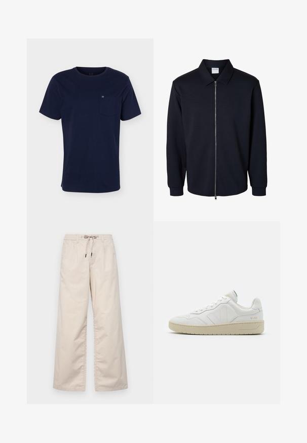 Herre sort lynlåsejakke med lange ærmer, spids krave og ribbet manchetter, vist på hvid baggrund.; Marineblå T-shirt med korte ærmer og rund halsudskæring med en brystlomme med et lille logo på en ensfarvet baggrund.; Lys beige bredbenede bukser med elastisk talje og snøre. Glat bomuldsstof med to frontfolder og ingen synlige lommer.; Hvide lædersneakers med struktureret overflade og polstret krave. Har en beige gummisål og diskret branding på hælen og siden.