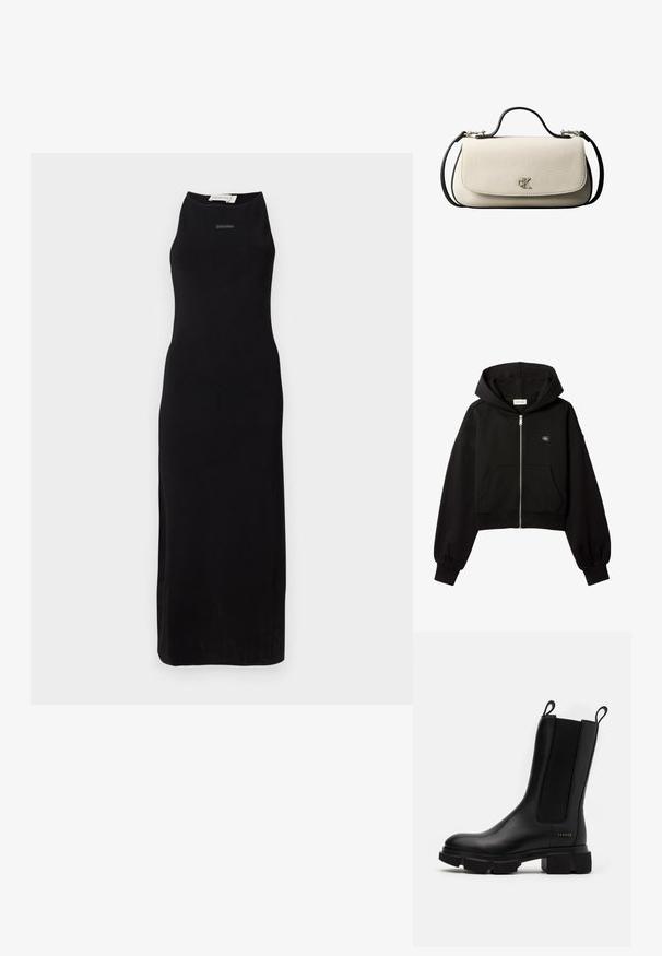 Must cropped lukuga dressipluus esi taskute, lõdva lõikega, elastsete mansettidega ja väikese Calvin Kleini logoga rinnal.; Musthave musträtik, millel on sujuv kangas, kõrge kaelus ja lihtne siluett. Rinnal on peen brändimine.; Must musta külge tõmmatav must nahast pahkluu saabas, millel on elastsed külgpaneelid, koonuseline kummitald ja tõmbetapp. Omab külgedel peent brändimist, mis on sisse surutud.; Kreemikas ristkülikukujuline käekott musta rihma ja sangaga, esiküljel klapi sulgus ning väike hõbedane "cK" logo ees keskel.