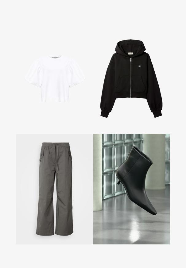 Sweat à capuche court noir zippé, poches avant, coupe décontractée, poignets élastiques et petit logo Calvin Klein sur la poitrine.; AllSaints JESS TEE - Blouse - optic white; Pantalons gris à jambes larges en tissu léger, dotés d'une taille élastique, d'un cordon de serrage et de deux poches latérales avec des accents en bouton.; Bottine en cuir noir à bout pointu et petit talon kitten, présentée en angle devant un sol poli et un mur en blocs de verre.