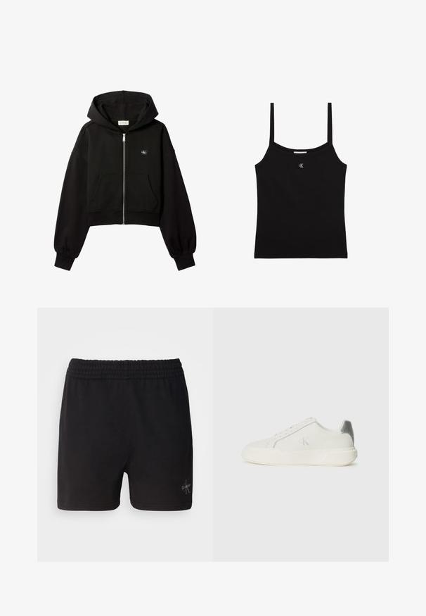 Must cropped lukuga dressipluus esi taskute, lõdva lõikega, elastsete mansettidega ja väikese Calvin Kleini logoga rinnal.; Mustast lühikesest tankist särk õhukeste õlapaeladega ja väike hõbedane CK logo kaeluse all keskel.; Mustast puuvillast lühikesed püksid elastse vöökohtaga ja Calvin Kleini hõbedase logoga alumises paremas nurgas. Sile tekstuur.; Valged nahast tenniseketsad sujuva tekstuuriga, hõbedase aktsendiga kandadel, lame tallaga ja minimalistliku disainiga.