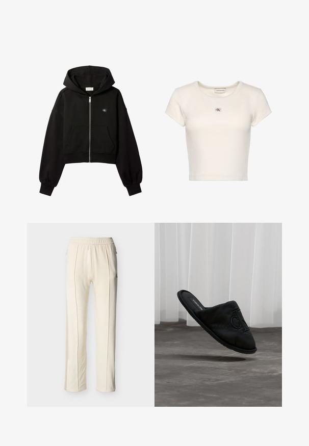 Sweat à capuche court noir zippé, poches avant, coupe décontractée, poignets élastiques et petit logo Calvin Klein sur la poitrine.; T-shirt blanc court à manches courtes côtelé avec col rond et petit patch logo Calvin Klein Jeans sur la poitrine.; Pantalon droit couleur crème en tissu doux, doté d'une taille élastique, de poches latérales et de coutures discrètes.; Chaussure noire à enfiler avec une tige en tissu doux et une semelle en caoutchouc plate. Présente un logo prominent à l'avant et une finition texturée.