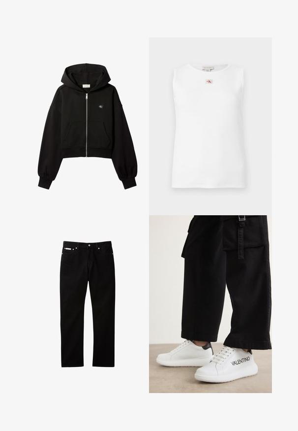 Čierna skrátená kapucňa s predným zipsom, predné vrecká, voľný strih, elastické manžety a malé logo Calvin Klein na prsiach.; Biely bezrukávnik so žebrovaným vzorom a malým červeno-čiernym logom Calvin Klein umiestneným v strede pod výstrihom.; Čierne džínsy z denimu s rovnými nohavicami, vybavené zapínaním na gombík a zips, piatimi vreckami a malou značkovou štítkom na opasku.; Biele kožené tenisky s hrubou podrážkou, ktoré majú čierne akcenty a nápis "VALENTINO" potlačený na boku. Kombinované s čiernymi širokými nohavicami.