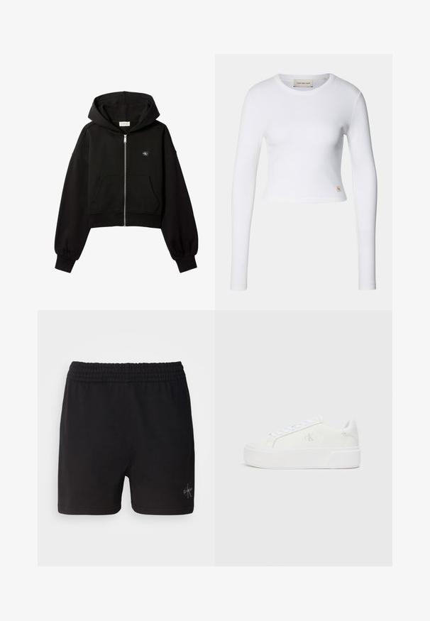 Schwarzer, kurz geschnittener Kapuzenpullover mit Reißverschluss, Fronttaschen, lockerer Passform, elastischen Bündchen und kleinem Calvin Klein-Logo auf der Brust.; Weißes Langarm-Crop-Top aus geripptem Stoff. Verfügt über einen runden Halsausschnitt und ein kleines Logo-Tag auf der linken unteren Seite.; Schwarze Baumwollshorts mit einem elastischen Bund und Calvin Klein-Logo in Silber in der unteren rechten Ecke. Glatte Textur.; Weiße Plattform-Sneaker mit einem glatten Leder-Obermaterial, abgerundetem Zehenbereich, weißen Schnürsenkeln und dezentem Logo-Detail an der Seite. Flache Gummisohle.