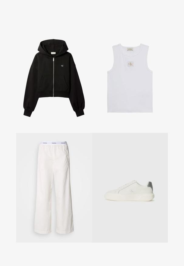 Sweat à capuche court noir zippé, poches avant, coupe décontractée, poignets élastiques et petit logo Calvin Klein sur la poitrine.; Débardeur blanc sans manches avec étiquette Calvin Klein Jeans sur la poitrine et une étiquette près de l'encolure sur fond blanc uni.; Pantalons larges blancs avec une taille élastique arborant un logo Calvin Klein en contraste. Fabriqués à partir d'un tissu lisse, ils offrent une coupe décontractée.; Baskets blanches en cuir avec une texture lisse, présentant un accent argenté sur le talon, une semelle plate et un design minimaliste.