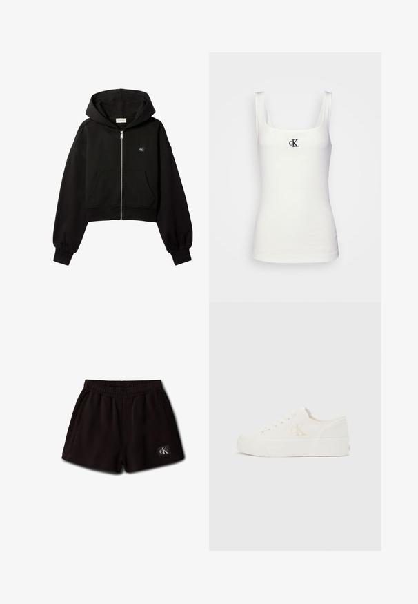 Schwarzer, kurz geschnittener Kapuzenpullover mit Reißverschluss, Fronttaschen, lockerer Passform, elastischen Bündchen und kleinem Calvin Klein-Logo auf der Brust.; Weißes Baumwolltanktop mit quadratischem Ausschnitt und schmalen Trägern. Verfügt über ein kleines, schwarz gesticktes CK-Logo auf der Vorderseite.; Schwarze elastische Shorts mit Seitentaschen und einem kleinen Calvin Klein Logo-Patch vorne unten links.; Weißer Sneaker mit niedrigem Schaft, dicker Sohle und seitlichem "cK"-Logo, Schnürung vorne und minimalistischem Design auf neutralem Hintergrund.