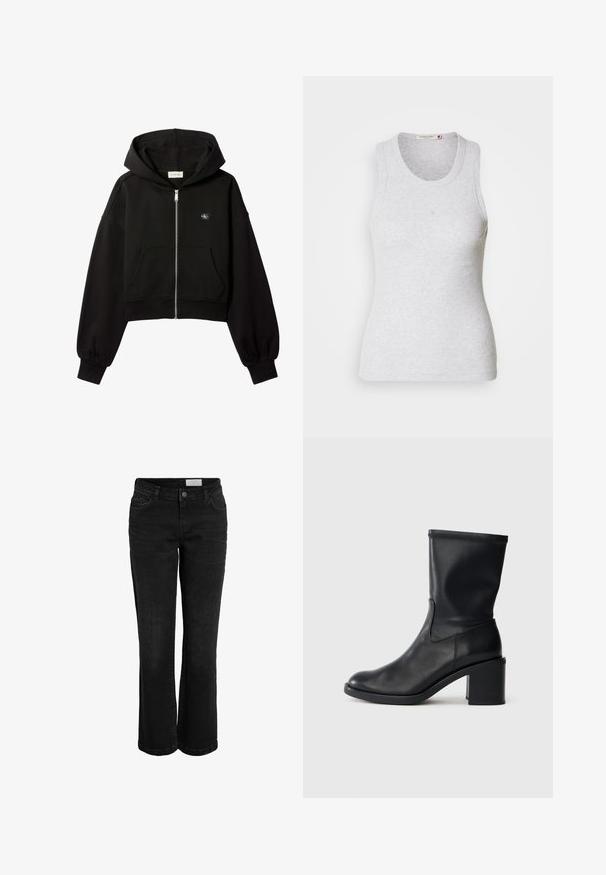 Čierna skrátená kapucňa s predným zipsom, predné vrecká, voľný strih, elastické manžety a malé logo Calvin Klein na prsiach.; Svetlošedý rebrový top bez rukávov s okrúhlym výstrihom. Má priliehavý strih a nenápadné logo v blízkosti stredu. Mäkko textúrovaný.; Čierne riflové nohavice s rozšíreným strihom, dizajnom s piatimi vreckami a zapínaním na gombík. Obsahujú jemné prešívanie a klasický pás.; Čierne kožené členkové topánky s okrúhlou špičkou, hladkou textúrou a robustným podpätkom, s priliehavým zvrškom a jemným prešívaním.