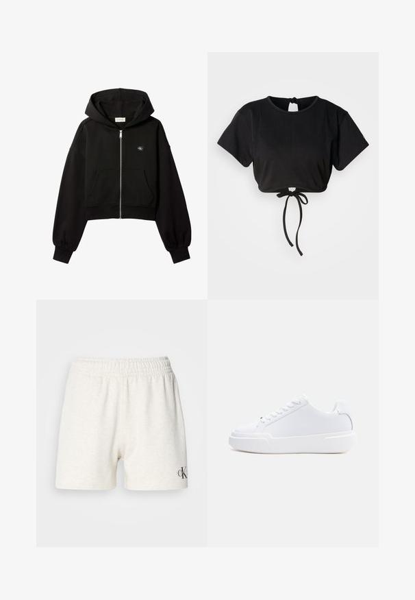 Must cropped lukuga dressipluus esi taskute, lõdva lõikega, elastsete mansettidega ja väikese Calvin Kleini logoga rinnal.; Must beebi eemaldatav särk, mis on valmistatud pehmest kangast, lühikeste varrukatega, ümmarguse kaelusega ja taga reguleerimiseks sidumisdetailiga.; Heledad hallide puuvillased lühikesed püksid, millel on elastne vöökoht, sujuva tekstuuriga ja väikese musta logo aktsendiga alumises paremas servas.; Valge madala säärega tenniskingad, millel on nööritav kinnitus, paks tald ja sile pealispind, nähtud välisküljelt heledal ühtlasel taustal.