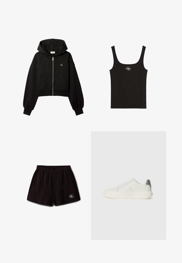 Schwarzer, kurz geschnittener Kapuzenpullover mit Reißverschluss, Fronttaschen, lockerer Passform, elastischen Bündchen und kleinem Calvin Klein-Logo auf der Brust.; Schwarzes, geripptes Tanktop mit breiten Trägern und Calvin Klein Logo in Weiß in der Brustmitte, vor weißem Hintergrund.; Schwarze elastische Shorts mit Seitentaschen und einem kleinen Calvin Klein Logo-Patch vorne unten links.; Weißer Sneaker aus Leder mit glatter Textur, ausgestattet mit einem silbernen Akzent an der Ferse, flacher Sohle und minimalistischem Design.