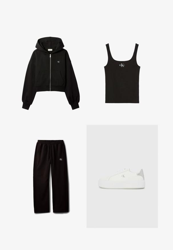 Zwarte cropped zip-up hoodie met voorzakken, relaxte pasvorm, elastische manchetten en klein Calvin Klein-logo op de borst.; Zwarte katoenen tanktop met een ronde hals en brede schouderbanden. Voorzien van een klein bedrukt "Calvin Klein"-logo aan de voorkant.; Zwarte wijde broek met elastische tailleband en zijzakken, met een klein Calvin Klein logo-patch op de rechterdij.; Witte canvas sneakers met een dikke witte zool, voorzien van een metallic zilveren accent op de hiel en een subtiel logo detail aan de zijkant.