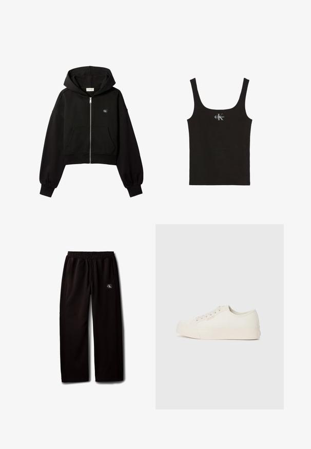 Sudadera negra recortada con cremallera, bolsillos delanteros, ajuste relajado, puños elásticos y pequeño logo de Calvin Klein en el pecho.; Camiseta de tirantes negra de algodón con escote redondeado y tirantes anchos. Presenta un pequeño logo impreso de "Calvin Klein" en la parte delantera.; Pantalones negros de pierna ancha con cintura elástica y bolsillos laterales, con un pequeño parche con el logo de Calvin Klein en el muslo derecho.; Zapatillas de lona color marfil, con un diseño de corte bajo, punta redonda y suela de goma plana con un sutil detalle de costura.