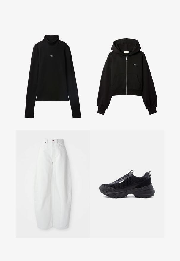 Sudadera negra recortada con cremallera, bolsillos delanteros, ajuste relajado, puños elásticos y pequeño logo de Calvin Klein en el pecho.; Top negro de cuello alto acanalado de manga larga con un pequeño parche cuadrado con el logo de Calvin Klein centrado en el pecho.; Pantalones de mezclilla blancos de tiro alto con un corte holgado. Presentan un cierre de botón, bolsillos laterales y un diseño minimalista. Textura suave.; Zapatilla deportiva negra con parte superior de malla, suela gruesa, cordones y pequeño logo de Calvin Klein en el lateral y en el área de la puntera.