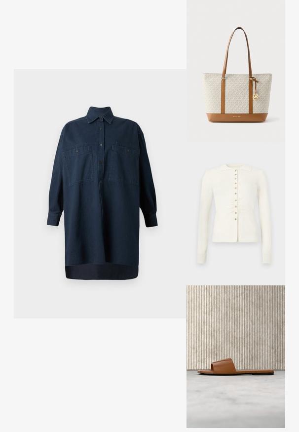 Cardigan en maille crème avec col à revers, fermeture par boutons et détails froncés à la taille. Manches longues et texture douce.; CLOSED Robe chemise - dark blue; Sandale plate marron Valentino à bout ouvert, appuyée contre une table ronde couleur ambre sur un tapis beige.; Sac cabas Michael Kors beige et marron avec motif logo, anses longues et breloque ronde dorée MK sur un fond uni.