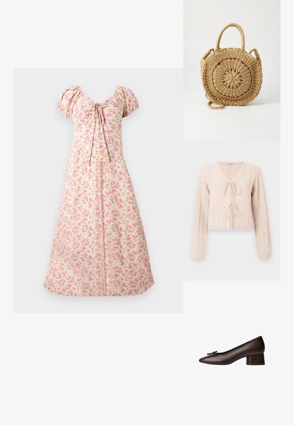 Cardigan court rose clair en tissu tricoté texturé, avec un décolleté en V et une fermeture à nouer à l'avant. Accentuée par des motifs en relief verticaux.; Robe midi crème avec manches bouffantes, imprimé floral rose, buste froncé et détail noué au centre avant.; Escarpin en cuir marron à petit talon, avec un bout pointu et un nœud décoratif à l'avant. Texture lisse et design structuré.; ONLY ONLPENELOPE BEACH ROUND CROSSOBODY - Sac bandoulière - toasted coconut