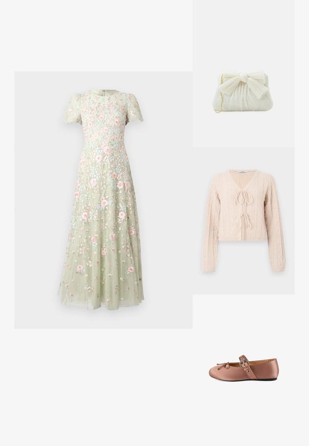 Cardigan court rose clair en tissu tricoté texturé, avec un décolleté en V et une fermeture à nouer à l'avant. Accentuée par des motifs en relief verticaux.; Robe maxi vert clair à manches courtes, ornée d'une broderie florale délicate rose et bleue, avec une taille cintrée.; Ballet flats en satin rose avec bout rond, nœud décoratif et bride de cheville avec boucle en argent et œillets. Semelle plate noire.; Sac à main plissé blanc avec un nœud proéminent et une chaîne dorée. Texture douce avec un design froncé à l'avant.