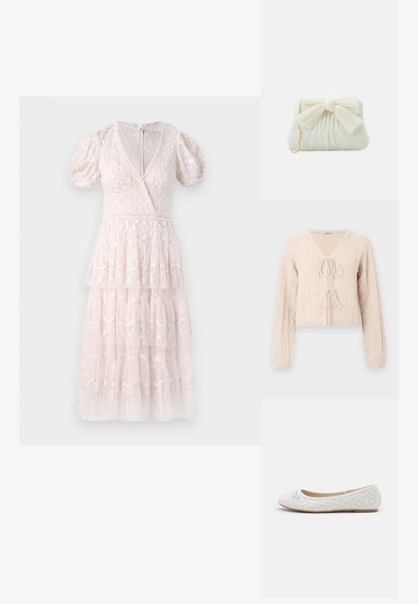 Lys lyserød cropped cardigan lavet af tekstureret strikket stof, med en V-udskæring og en bundet frontlukning. Fremhævet med lodrette ribbede mønstre.; Lyserød, lagdelt kjole med pufærmer, V-udskæring og intrikate blomsterbroderier. Lavet af et struktureret, let materiale. Lynlås bagpå.; Hvid blonde balletflade med rund tå, dekorativ sløjfe på forfoden og en flad tan sål. Blonden har et blomster mønster.; Hvid plisseret clutch-taske med en fremtrædende sløjfedetalje og en guldkædetras. Blød tekstur med et samlet design på forsiden.
