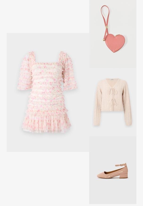 Lys lyserød cropped cardigan lavet af tekstureret strikket stof, med en V-udskæring og en bundet frontlukning. Fremhævet med lodrette ribbede mønstre.; Rynket kjole med firkantet halsudskæring og puffede ærmer, lavet af gennemsigtigt stof med lyserøde blomster mønstre og lagdelte flæser i kanten.; Patentlakerede lyserøde flade sko med rund tå, ankelstrop og lav blokhæl. Glat tekstur og minimalistisk design.; Lyserød hjerteformet lædermøntpose med håndledsrem og guldlås, mærket med lille gyldent "Furla"-tekst.