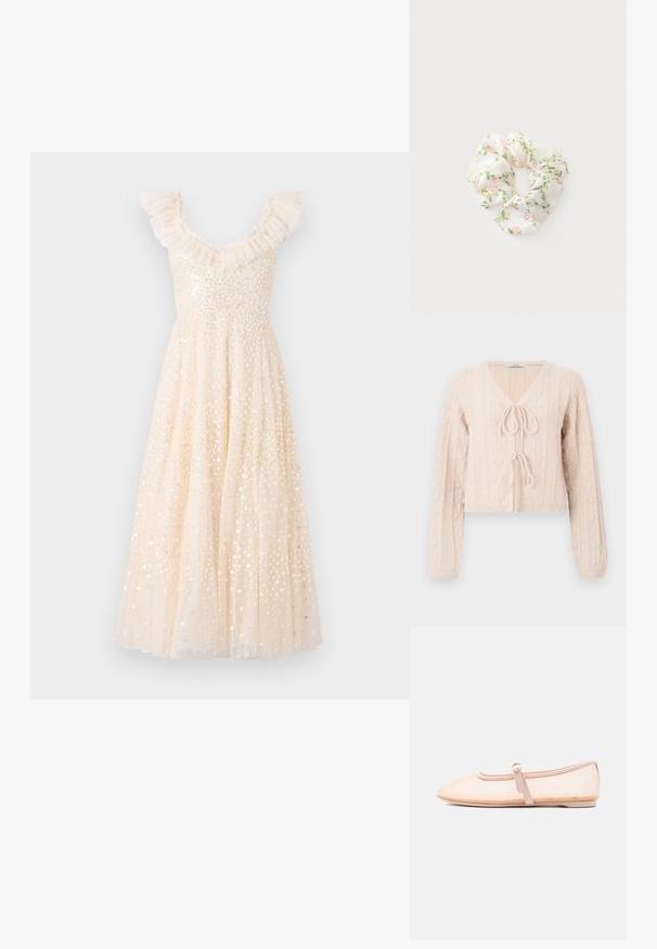 Cardigan court rose clair en tissu tricoté texturé, avec un décolleté en V et une fermeture à nouer à l'avant. Accentuée par des motifs en relief verticaux.; Robe de couleur crème avec des bretelles froncées, ornée de sequins scintillants, jupe fluide et corsage ajusté.; Chaussure plate beige clair avec un bout pointu et une bride latérale avec boucle, présentée sur un fond blanc uni.; Chouchou en tissu blanc avec un motif de fleurs roses et de feuilles vertes sur un fond clair.
