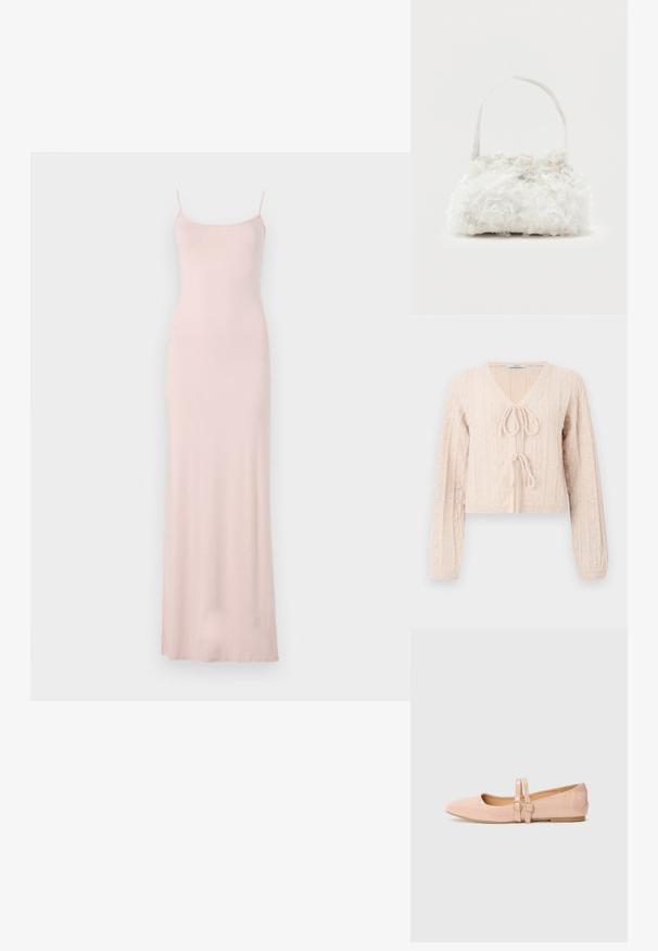 Lys lyserød cropped cardigan lavet af tekstureret strikket stof, med en V-udskæring og en bundet frontlukning. Fremhævet med lodrette ribbede mønstre.; Rosa, ærmeløs maxikjole med en tætsiddende bodice og flydende skørt. Lavet af blødt, glat stof med et minimalistisk design og uden synlige mønstre.; Sart rosa patentlæder balletflade med spids tå, der har to justerbare remme og en lav, flad gummisål.; Lille hvid håndtaske med stofroser, der dækker kroppen, og et tyndt enkelt skulderremshåndtag på en ensfarvet baggrund.