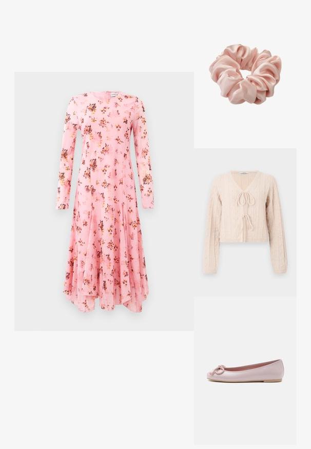Lys lyserød cropped cardigan lavet af tekstureret strikket stof, med en V-udskæring og en bundet frontlukning. Fremhævet med lodrette ribbede mønstre.; Langærmet pink kjole med blomsterprint, der har rund halsudskæring og flagrende kant. Letvægtigt stof med en glat tekstur.; Lyserød lakballerina med rundet tå, snoet snøre sløjfe foran og lav beige sål på hvid baggrund.; Lyserød satin scrunchie med samlet stof og en blød, skinnende tekstur til at binde hår.