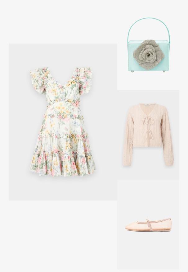 Lys lyserød cropped cardigan lavet af tekstureret strikket stof, med en V-udskæring og en bundet frontlukning. Fremhævet med lodrette ribbede mønstre.; Blomstret kjole i let stof, med flæset ærmer, dyb V-udskæring og lagdelt nederdel med pastelblomster og matchende flæsede detaljer.; Lys beige flad sko med spidst tåparti og en enkelt rem med spænde på siden, vist på en ensfarvet hvid baggrund.; En mintgrøn firkantet håndtaske lavet af satin, der har en stor metalisk sølvblomst dekorativt element og et klart håndtag.