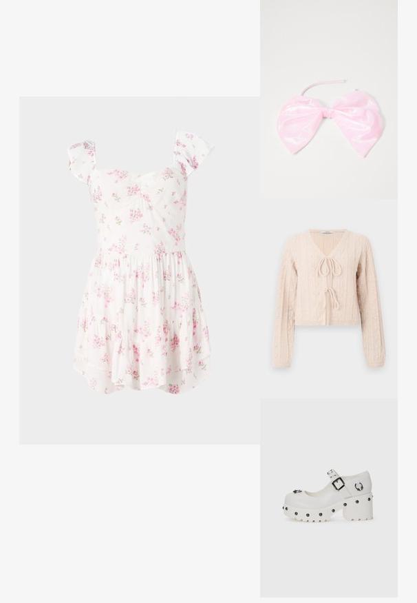 Lichtroze cropped cardigan van structuurgebreid materiaal, met een V-hals en een striksluiting aan de voorkant. Versterkt met verticale ribbelpatronen.; Hollister Co. FLUTTER SLEEVE PINCH BUST MINI SKORT DRESS - Jurk - white; Witte plateau schoenen met een ronde neus, gespsluiting en ronde studs. Getextureerde zool met een lichte hak en decoratieve hardware-details.; Roze, glanzige haaraccessoire in de vorm van een grote strik, met een gladde textuur en een dunne band om het op zijn plaats te bevestigen.
