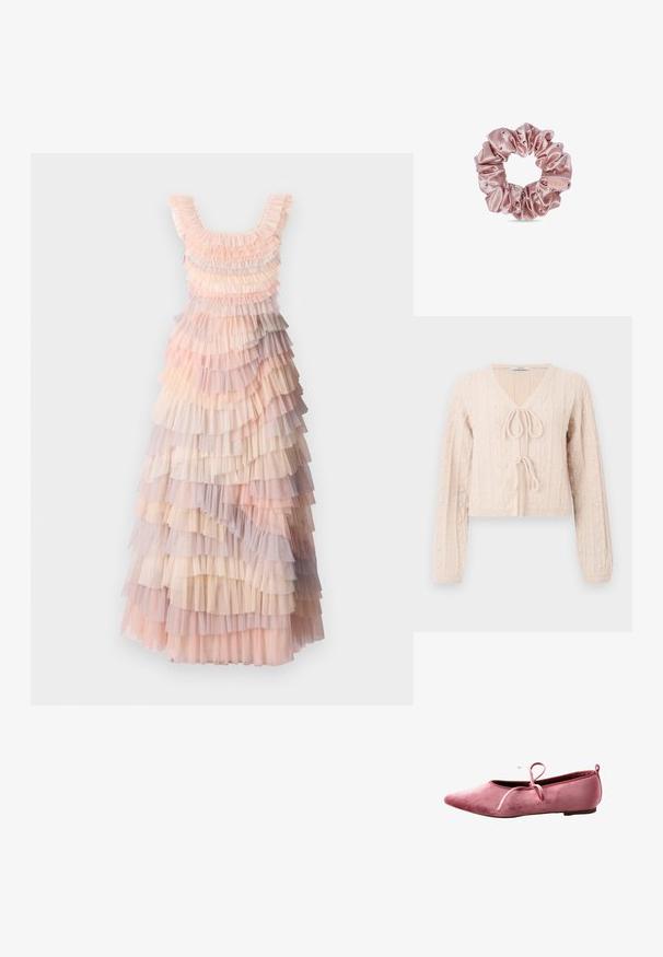 Cardigan court rose clair en tissu tricoté texturé, avec un décolleté en V et une fermeture à nouer à l'avant. Accentuée par des motifs en relief verticaux.; Robe maxi à plusieurs couches avec des teintes douces de rose, crème et volants en tulle lilas, tissu texturé et décolleté arrondi.; Ballerine en velours rose avec bout pointu, semelle fine et nœud noué sur le dessus.; Chouchou en satin rose avec de petites perles décoratives et une petite étiquette en tissu sur fond blanc.