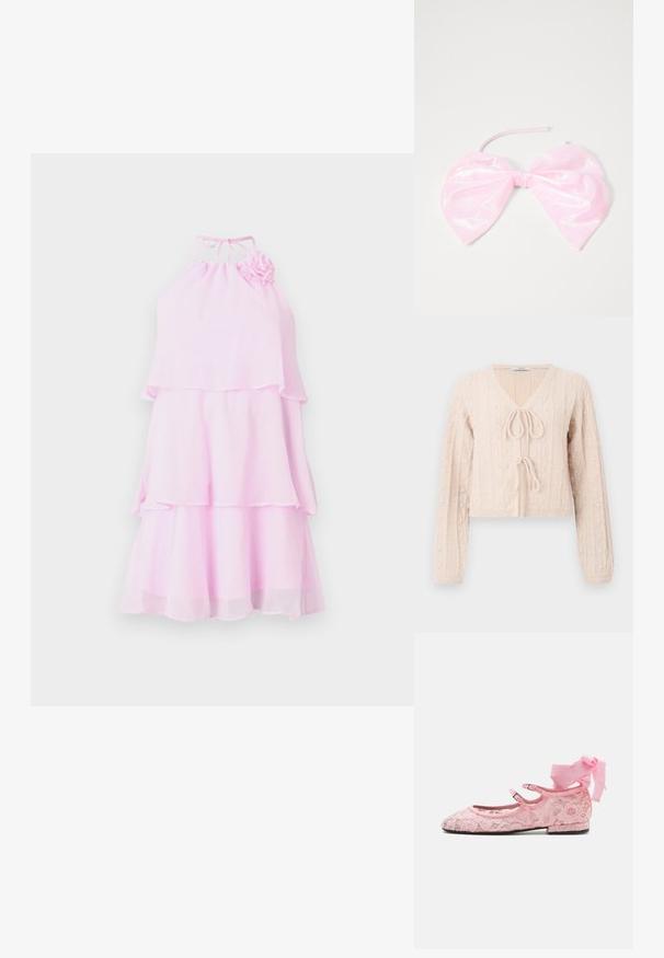 Helle rosa, kurz geschnittene Strickjacke aus strukturiertem Material, mit V-Ausschnitt und gebundenem Vorderverschluss. Akzentuiert durch vertikale Rippstrukturen.; Rosa, gestuftes Kleid mit Halterneck und Blumenakzent. Hergestellt aus leichtem Stoff, mit fließendem Design und geschichteten Rüschen.; Rosa Spitzen-Balletschuhe mit flachem Absatz, ausgestattet mit zwei verstellbaren Riemen und einer Schleifendetail auf der Rückseite. Elegantes florales Spitzenmuster.; Rosa, glänzendes Haaraccessoire in Form einer großen Schleife, mit glatter Textur und einem dünnen Riemen zum Befestigen.