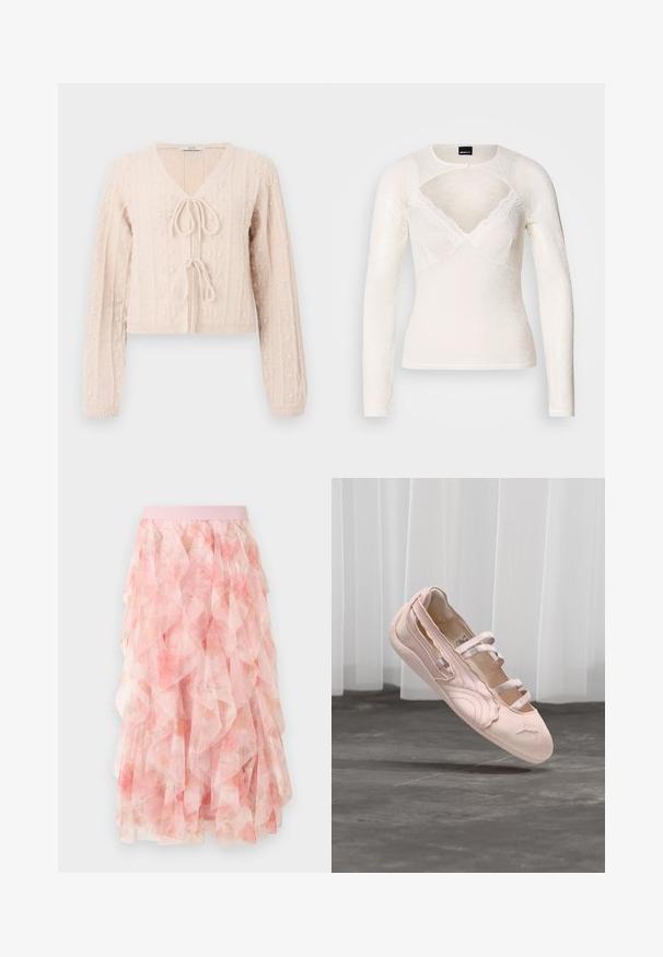 Light pink cropped cardigan made of textured knit fabric, featuring a V-neckline and a tied front closure. Accentuated with vertical ribbed patterns.; White long-sleeve top made of lace with a V-neck cut and delicate lace trim along the neckline. Features a button closure at the collar.; Pink layered tulle midi skirt with floral pattern and elastic waistband, featuring soft ruffled textures.; Light pink ballet flat with three elastic straps, scalloped edge, and rubber sole, suspended above a concrete floor with white curtains in background.