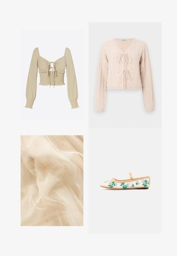 Lys lyserød cropped cardigan lavet af tekstureret strikket stof, med en V-udskæring og en bundet frontlukning. Fremhævet med lodrette ribbede mønstre.; Lysebeige cropped top i glat stof; har lange, puffede ærmer, ét sammentrukket bryst med bindefront og smockdetalje ved taljen.; Lys beige tylstof med en blød, gennemsigtig tekstur, der har et fint netvæv, som skaber bløde bølger og folder.; Beige balletsko med spids tå, enkeltrem og grønne samt lyseblå blomsterbroderier på gennemsigtige sider.