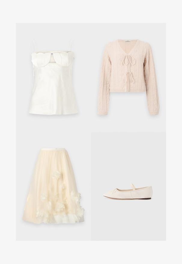 Lys lyserød cropped cardigan lavet af tekstureret strikket stof, med en V-udskæring og en bundet frontlukning. Fremhævet med lodrette ribbede mønstre.; Hvid satin camisole med justerbare stropper, en struktureret, scalloped buste og en lige kant. Glat tekstur og minimalistisk design.; Lang cremefarvet tylskørt med inderfor og 3D blomsterapplikationer spredt nær kanten.; Ballerinasko med lys beige ruskindsoverdel, spids tå og en tynd elastikrem over vristen. Flad sål med minimal gummidetalje.