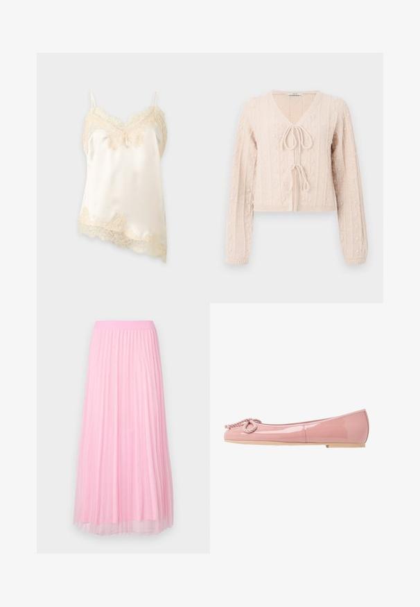 Cardigan court rose clair en tissu tricoté texturé, avec un décolleté en V et une fermeture à nouer à l'avant. Accentuée par des motifs en relief verticaux.; Caraco en satin de couleur crème avec une délicate bordure en dentelle le long de l'encolure, de l'ourlet et des fines bretelles sur un fond uni.; Jupe plissée rose avec une texture douce et légère, dotée d'une ceinture élastique, ornée de petits accents métalliques dispersés.; Ballerines en cuir verni rose avec un bout arrondi, détail en corde à l'avant et semelle en caoutchouc beige. Fini lisse et brillant sur l'ensemble.