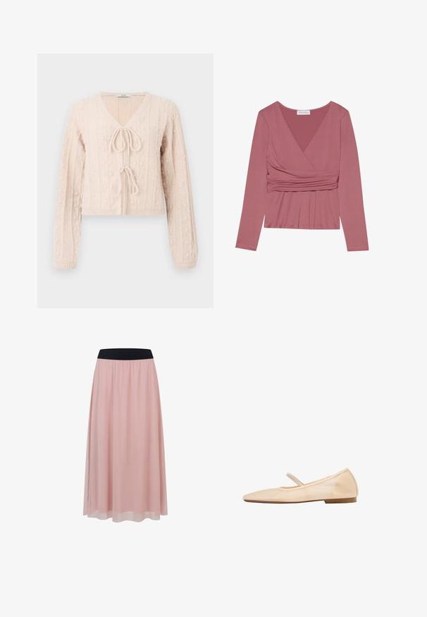 Cardigan court rose clair en tissu tricoté texturé, avec un décolleté en V et une fermeture à nouer à l'avant. Accentuée par des motifs en relief verticaux.; Haut à manches longues en rose poussiéreux, présentant un design croisé, un matériau froncé à la taille et un décolleté en V. Texture douce avec des coutures minimales.; Jupe rose longueur cheville avec une couche extérieure transparente et une large ceinture élastique noire.; Chaussure de ballet plate beige avec un bout arrondi, une fine bride sur le cou-de-pied et un petit talon.