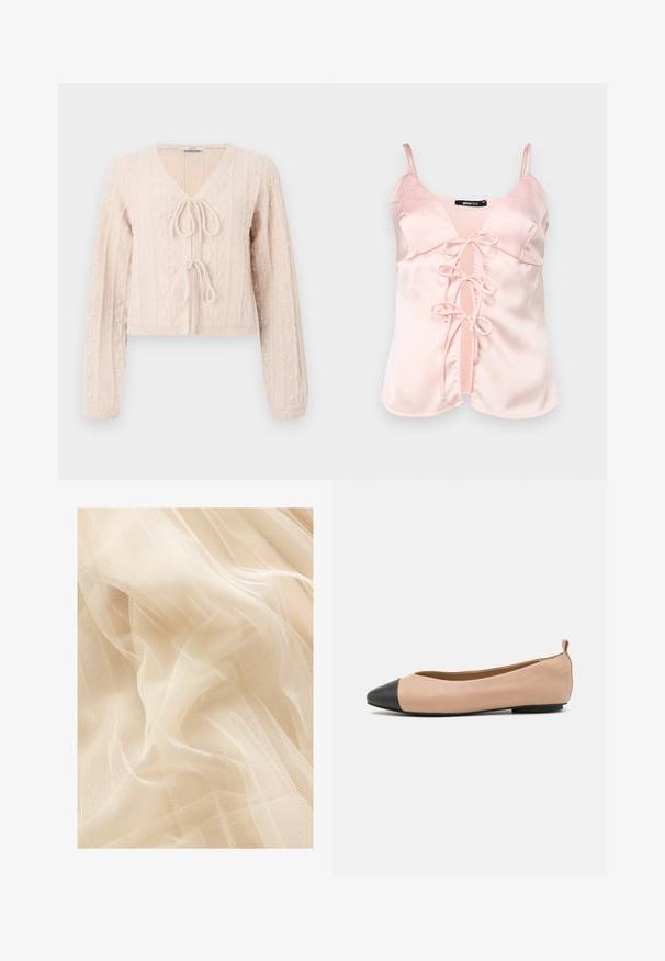 Cardigan court rose clair en tissu tricoté texturé, avec un décolleté en V et une fermeture à nouer à l'avant. Accentuée par des motifs en relief verticaux.; Camisole en satin rose avec des bretelles spaghetti réglables, dotée d'une fermeture à nouer à l'avant avec des anses et d'un décolleté en V. Texture lisse et lignes épurées.; Tissu en tulle beige clair avec une texture douce et transparente, présentant un tissage en maille fine qui crée de douces vagues et plis.; Ballerine en cuir avec un corps nude et un bout noir. Présente un design minimal, une texture lisse et une petite boucle au dos pour un enfilage facile.