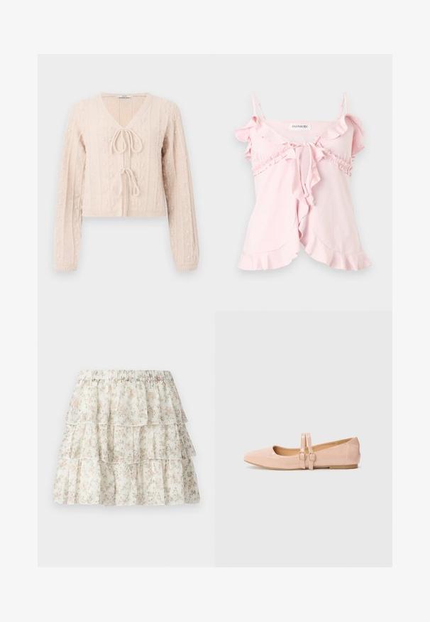 Lys lyserød cropped cardigan lavet af tekstureret strikket stof, med en V-udskæring og en bundet frontlukning. Fremhævet med lodrette ribbede mønstre.; Lyserød ærmeløs top med flæsekanter, justerbare tynde stropper, bindelukning foran og rynkede detaljer under brystet.; Hvid nederdel med et lagdelt, bølget design. Udstyret med et delikat blomster mønster i pink og grøn. Elastisk talje for komfort.; Sart rosa patentlæder balletflade med spids tå, der har to justerbare remme og en lav, flad gummisål.