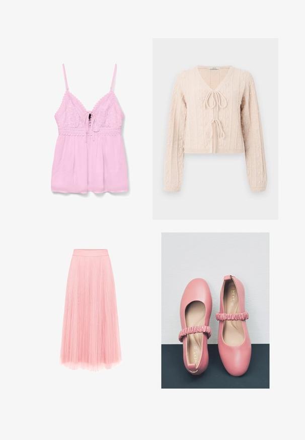 Lys lyserød cropped cardigan lavet af tekstureret strikket stof, med en V-udskæring og en bundet frontlukning. Fremhævet med lodrette ribbede mønstre.; Lyserød camisole med blonderdetaljer, justerbare stropper, en knaplukning foran og en samlede design for en løs pasform.; zero MIT PLIESSENDEM BECHER - Pliceret nederdel /Nederdele med folder - bridal rose; Rosa læder ballet flade sko med en rund tå, der har en rynket rem over instep og en glat inderside.