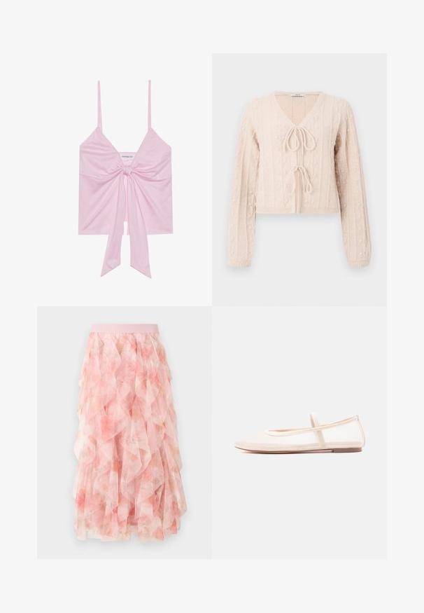 Lys rosa kort cardigan laget av teksturert strikket stoff, med V-hals og knyttet frontlukkning. Uthevet med vertikale ribbede mønstre.; Rosa ermeløs topp med detalj av knute foran, med tynne stropper og en myk, glatt tekstur. Avslappet design med løs passform.; Rosa lagdelt tyll midi skjørt med blomsterprint og elastisk midjebånd, med myke rynkede teksturer.; Ballerinasko med øverste del i gjennomsiktig beige mesh og en satengrem, med en avrundet tå og en lav brun såle. Lett og fleksibel design.