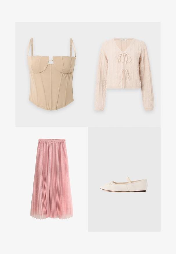 Helle rosa, kurz geschnittene Strickjacke aus strukturiertem Material, mit V-Ausschnitt und gebundenem Vorderverschluss. Akzentuiert durch vertikale Rippstrukturen.; Beige Korsett-Top mit strukturierten Cups, verstellbaren Trägern und vertikalen Nähten. Glatte Stofftextur mit einer figurschmeichelnden Silhouette.; Rosa plissierter Midirock mit einer Spitzenunterlage und einem gerafften Taillenbund, dargestellt auf einem weißen Hintergrund.; Ballerinas mit einem hellbeigen Obermaterial aus Wildleder, spitzer Zehenpartie und einem dünnen elastischen Riemen über dem Spann. Flache Sohle mit minimalem Gummiakzent.