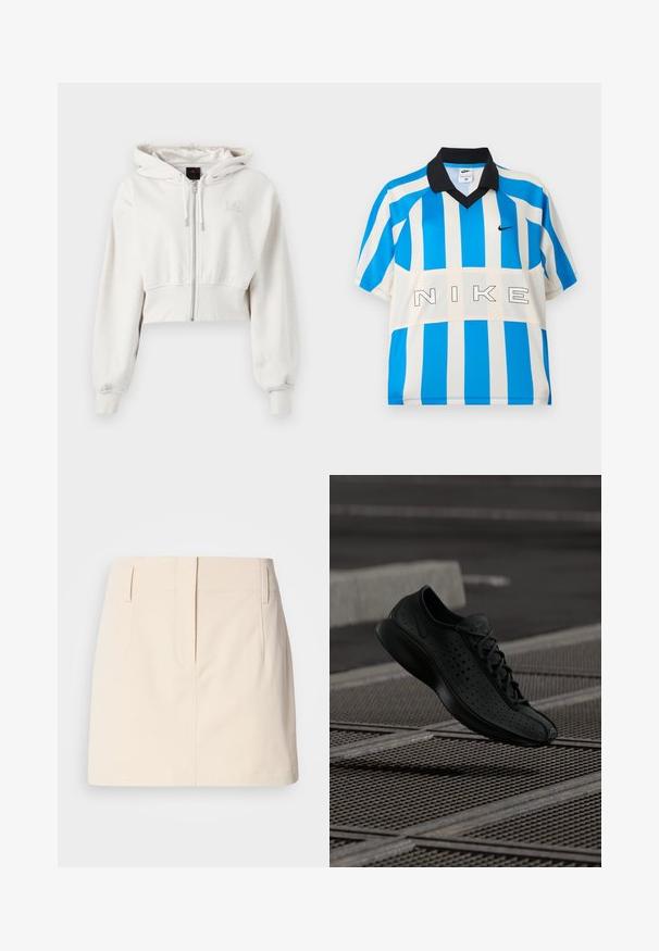 Beskarvet hættetrøje i lys beige. Blødt stof, frontlynlås, ribstrikkede cuffs, broderet logo på venstre bryst.; Kortærmet Nike sportstrøje med lodrette blå og hvide striber, sort krave og "NIKE" tekst hen over brystet.; Calvin Klein Jeans SKIRT - A-snit nederdel - fog; Sort atletisk sko med perforeret overdel, rund tå og minimalistisk design. Har flade snørebånd og en polstret sål for komfort.