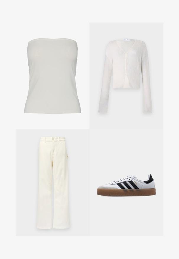 Cárdigan ligero de color crema con un patrón de punto acanalado. Presenta un escote en V, mangas largas y cinco botones en la parte delantera.; Top sin tirantes de tela beige claro, diseño ajustado con una textura suave, bordes sin costuras y sin patrones ni detalles de hardware visibles.; Good American GOOD 90S CARPENTER - Pernera ancha - white denim; Zapatillas de cuero blancas con rayas negras, suela de goma, puntera redonda, cierre de cordones y caperuza de ante gris suave.