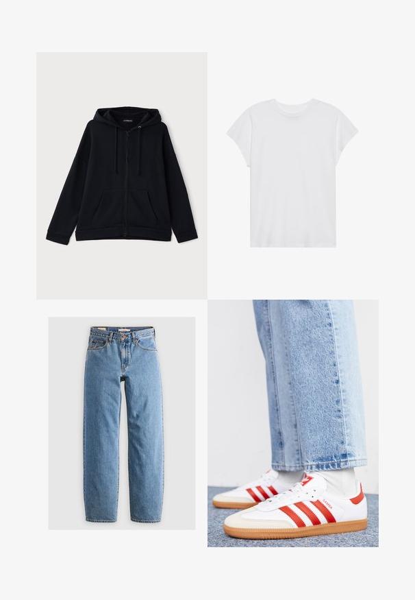 Sort zip-up hættebluse lavet af blødt stof. Har en foret hætte, frontlommer og en afslappet pasform med ribstrikkede manchetter og kant.; Hvid kortærmet t-shirt med rund hals, afslappet pasform, lavet af blødt bomuldsstof. Glat tekstur, ingen mønstre eller logoer.; Lysblå denim jeans med lige ben-design, fem lommer, lynlås og en subtil falmet tekstur. Klassisk stil med minimal hardware.; Hvide lædersneakers med røde striber og accenter. Har en tekstureret gummisål og polstret krave. Bæres med lyseblå denim.