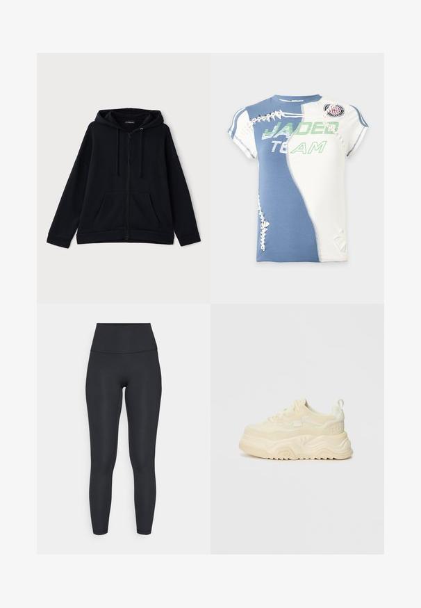 Un sweat à capuche noir zippé fabriqué en tissu doux. Il présente une capuche doublée, des poches avant et une coupe décontractée avec des poignets et un ourlet côtelés.; Chemise à manches courtes avec panneaux bleus et blancs, texte vert "JADED TEAM," et détails décoratifs blancs à lacets sur le devant et les manches.; adidas Performance ALL ME SCULPT - Leggings - black; Baskets épaisses et crémeuses de couleur blanche avec des accents en suède texturé et lisse, présentant une semelle épaisse, un système de laçage et un logo bien visible à l'arrière.